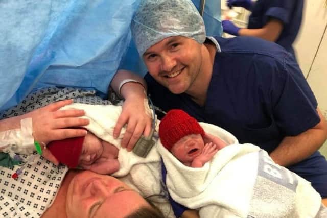 Jennifer Ashwood and Andrew House in hospital after the birth of their twins on the 6th of May. Picture: SWNS