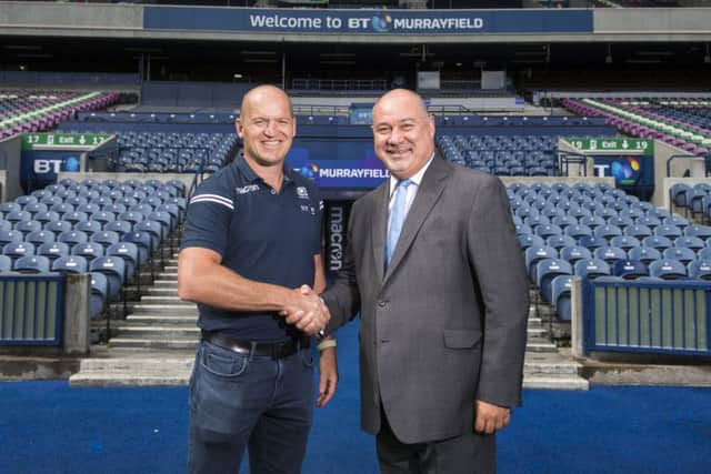 Gregor Townsend celebrates with SRU chief Mark Dodson yesterday. Picture: SNS/SRU
