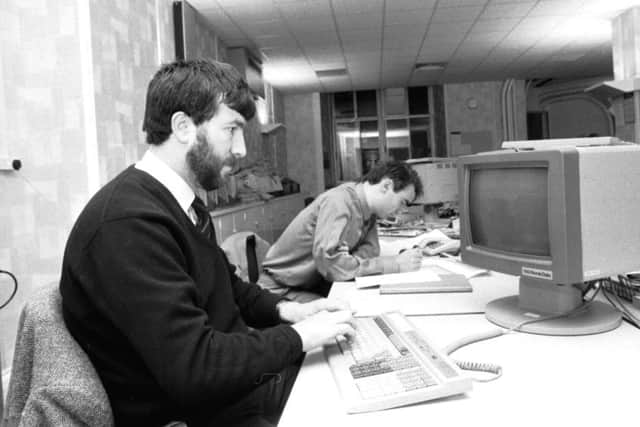 Reporter Willie Paul using the new Norsk direct input system at the North Bridge offices in Edinburgh, December 1987. Picture: TSPL