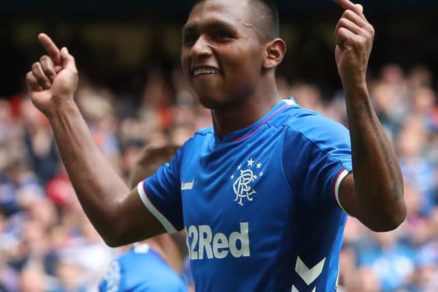 Alfredo Morelos celebrates after scoring Rangers' opening goal in the pre-season friendly against Wigan at Ibrox.