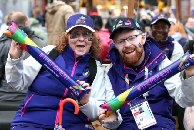 Team 2018 volunteers during the 2018 European Championships Great Big Opening Party at George Square. Picture: Jane Barlow/PA Wire