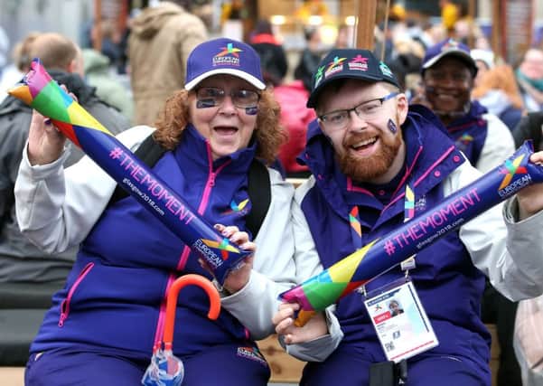 Team 2018 volunteers during the 2018 European Championships Great Big Opening Party at George Square. Picture: Jane Barlow/PA Wire