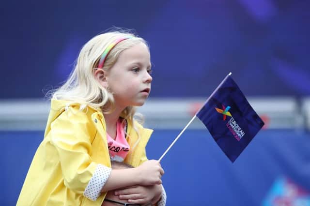 A young fan looks on during the European Championships Glasgow 2018 Opening Moment at George Square. Picture: Ian MacNicol/Getty Images