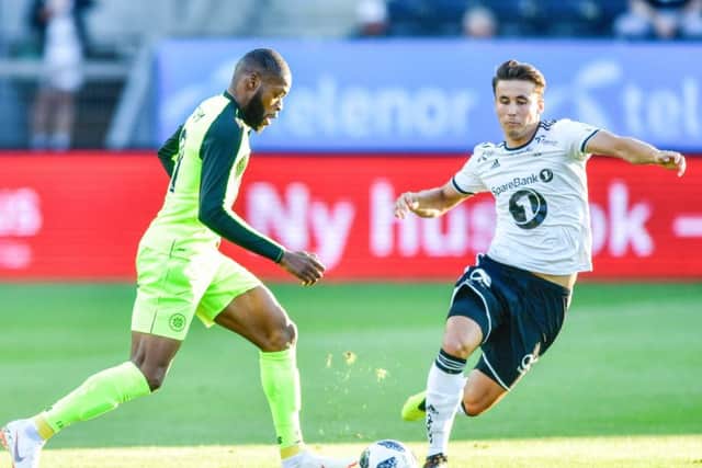 Celtics Olivier Ntcham, left, and Rosenborgs Anders Trondsen battle in the 0-0 draw in Trondheim which saw the Scots reach the next Champions League qualifying stage. Picture: Ole Martin Wold/AFP/Getty
