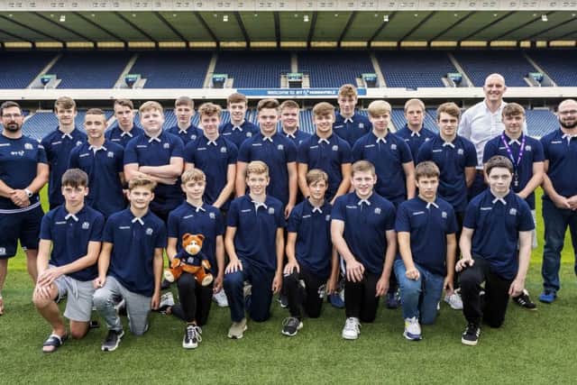 The schools under-16 squad gathered at Murrayfield yesterday with former Scotland captain Al Kellock, back right. Picture: Roddy Scott/SNS