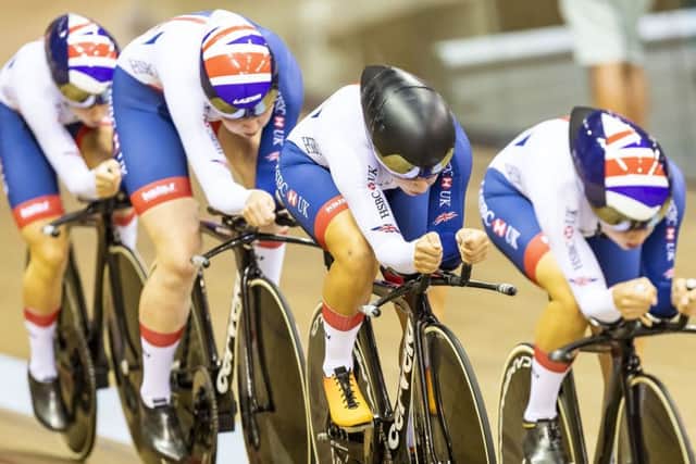 Great Britains Elinor Barker, Neah Evans, Katie Archibald and Laura Kenny ride on their way to winning gold in the womens team pursuit. SNS