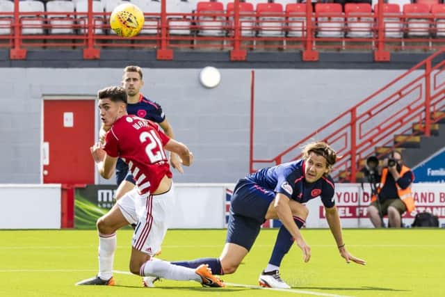 Peter Haring equalises for Hearts against Hamilton. Picture: Roddy Scott/SNS