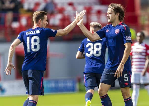 Goalscorers Steven MacLean, left, and Peter Haring celebrate. Picture: SNS Group