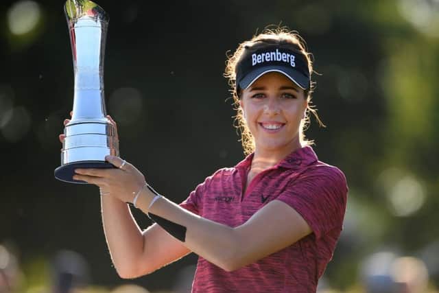 Georgia Hall with the trophy after winning the Ricoh Women's British Open. Picture: Ross Kinnaird/Getty Images