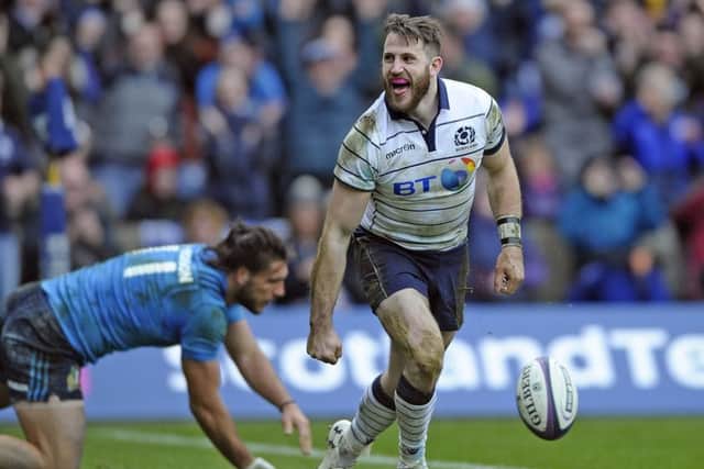 JP License 2017 Six Nations  Scotland v Italy, Murrayfield Stadium, Edinburgh.  Tommy Seymour of Scotland scores Scotland's fourth try despite Giovanbattista Venditti of Italy     Neil Hanna Photography
