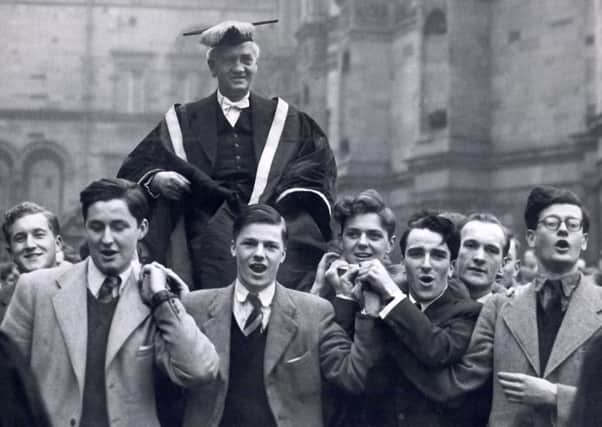 Sir Alexander Fleming, British bacteriologist and Nobel laureate,  being carried by students from McEwan Hall after being installed as Rector of Edinburgh University in 1952. PIC: TSPL.