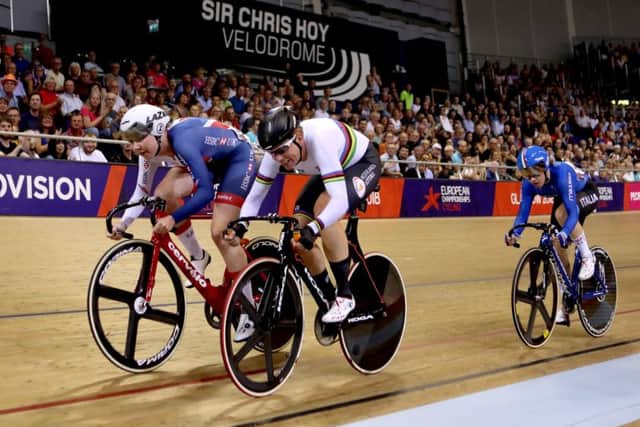Great Britains Katie Archibald, left, and the Netherlands Kirsten Wild compete in the omnium. PA.