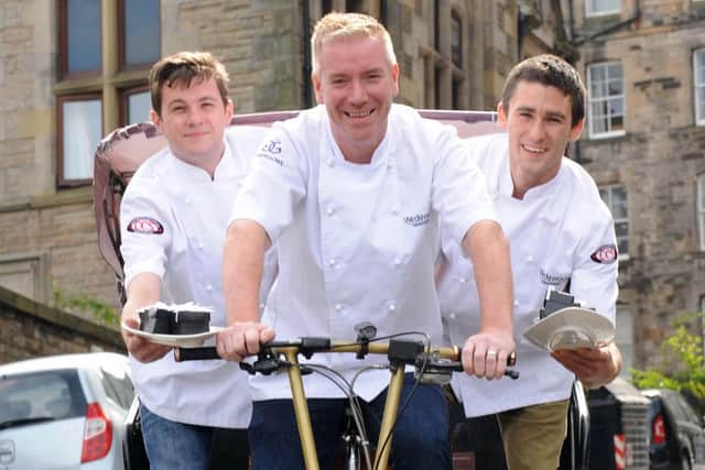 PIC: LISA FERGUSON Head Chef and Owner Paul Wedgewood with his chefs Craig Ferguson and Piotr Witt
Wedgwood the Restaurant has sponsored its very own branded rickshaw.