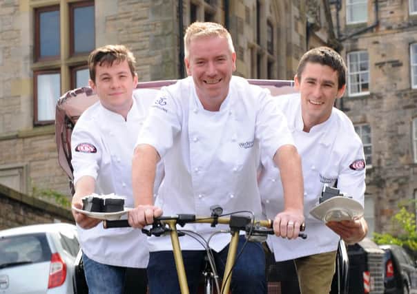 PIC: LISA FERGUSON Head Chef and Owner Paul Wedgewood with his chefs Craig Ferguson and Piotr Witt 
Wedgwood the Restaurant has sponsored its very own branded rickshaw.