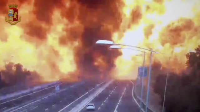 A still from a video released by police shows the explosion after a tanker hit another truck on  a road in the outskirts of Bologna. Picture: AP