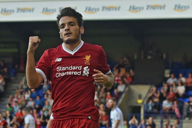 BIRKENHEAD, ENGLAND - JULY 12: (THE SUN OUT, THE SUN ON SUNDAY OUT) Pedro Chirivella of Liverpool Scores Liverpools Third Goal and celebrates in the pre season friendly between Tranmere Rovers and Liverpool at Prenton Park on July 12, 2017 in Birkenhead, England. (Photo by Andrew Powell/Liverpool FC via Getty Images)