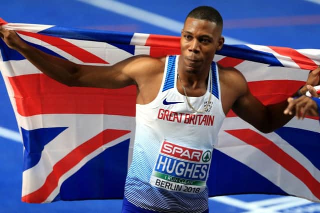 Zharnel Hughes celebrates after winning the 100 metres final in a Championship record of 9.95 seconds at Berlins Olympiastadion. Picture: Getty.