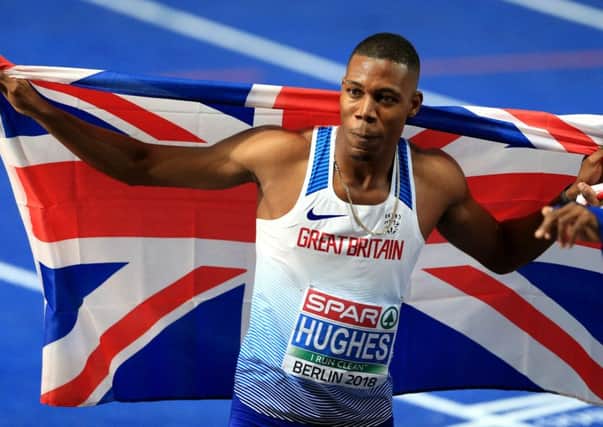 Zharnel Hughes celebrates after winning the 100 metres final in a Championship record of 9.95 seconds at Berlins Olympiastadion. Picture: Getty.