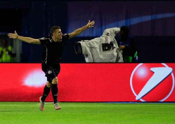 Armin Hodzic celebrates scoring for Dinamo Zagreb against Skenderbeu. Picture: Getty Images