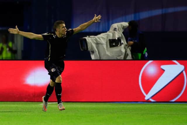 Armin Hodzic celebrates scoring for Dinamo Zagreb against Skenderbeu. Picture: Getty Images