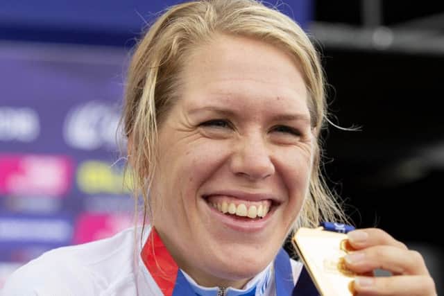Ellen Van Dijk of the Netherlands celebrates her gold medal in the women's time trial. Picture: Ross Brownlee/SNS
