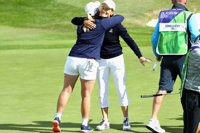 Britain's Holly Clyburn and Catriona Matthew embrace after their victory over Sweden at the European Golf Team Championships at Gleneagles. Picture: Warren Little/Getty Images