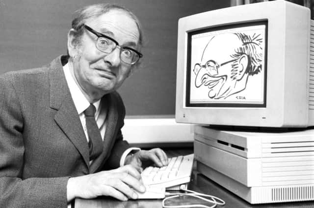 Scotsman journalist Albert Morris with a Coia cartoon of himself drawn using a computer in April 1988. Picture: Alan Macdonald/TSPL