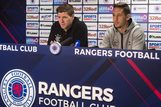 Rangers manager Steven Gerrard and Nikola Katic speak to the media ahead of their match against NK Maribor. Picture: SNS