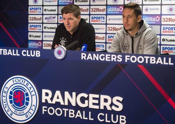 Rangers manager Steven Gerrard and Nikola Katic speak to the media ahead of their match against NK Maribor. Picture: SNS