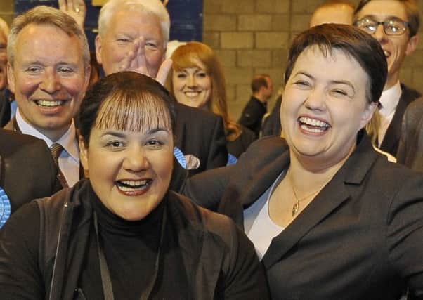 Ashley Graczyk celebrates with Scottish Conservative leader Ruth Davidson after being elected as a Tory councillor (Picture: Neil Hanna)
