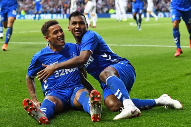 Rangers' James Tavernier celebrates making it 2-1 with Alfredo Morelos, who scored the first goal against Maribor. Picture: Craig Williamson/SNS