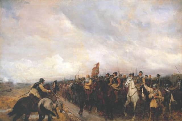 Cromwell with his army at the battle of Dunbar in 1651, a painting by Andrew Carrick Gow. The English general would lead his forces from Dunbar across the Forth to Fife to fight the remaining Scottish troops at Inverkeithing