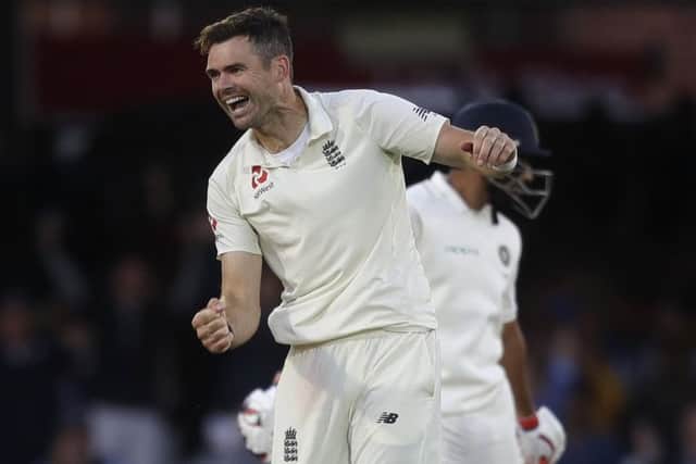 Englands James Anderson celebrates taking the wicket of Ishant Sharma to get India all out for 107. Picture: AP