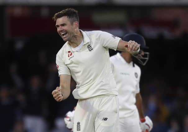 Englands James Anderson celebrates taking the wicket of Ishant Sharma to get India all out for 107. Picture: AP