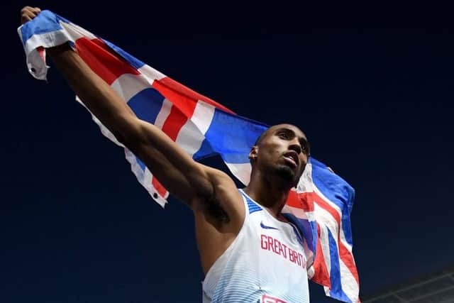Matt Hudson-Smith celebrates winning gold in the 400 metres in Berlin. Picture: Getty.