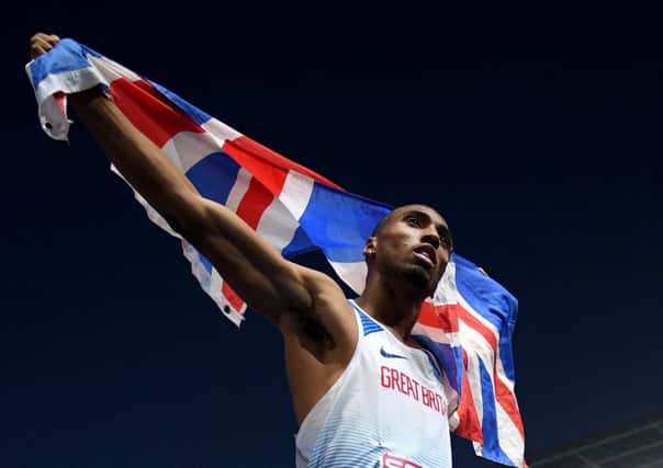 Matt Hudson-Smith celebrates winning gold in the 400 metres in Berlin. Picture: Getty.