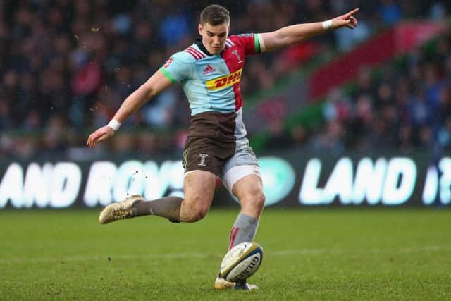 James Lang kicks a conversion during the Anglo-Welsh Cup match between Harlequins and Scarlets at Twickenham Stoop. Picture: Getty
