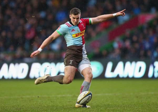 James Lang kicks a conversion during the Anglo-Welsh Cup match between Harlequins and Scarlets at Twickenham Stoop. Picture: Getty