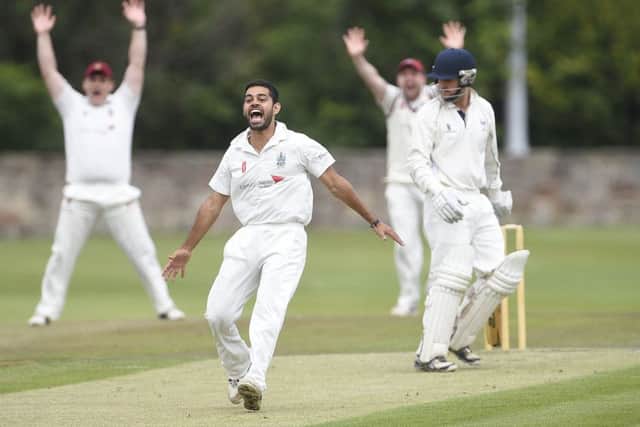 Watsonians bowler Aman Bailwal claims for an LBW against Heriot's. Picture: Greg Macvean