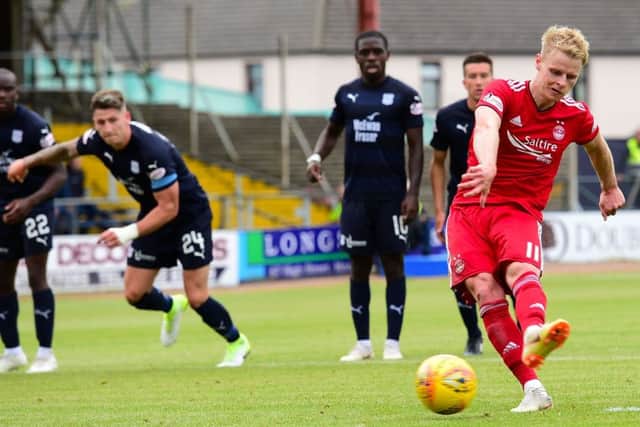 Aberdeen's Gary Mackay-Steven scores to make it 1-0. Pic: SNS/Alan Harvey