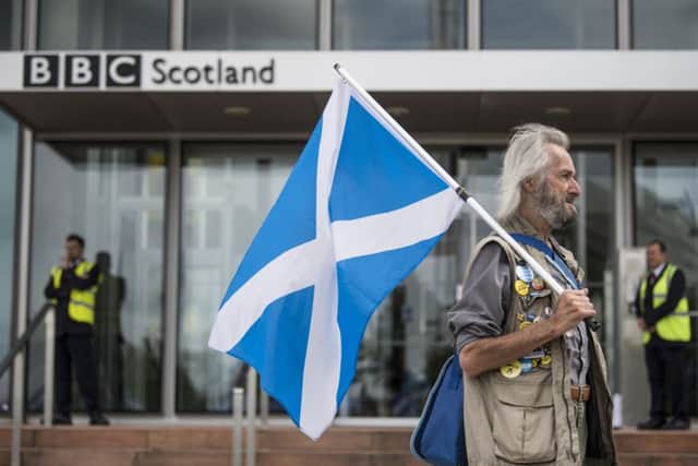 A couple of hundred people turned up at BBC Scotland HQ to protest about alleged bias against the Scottish Independance movement. Picture: John Devlin