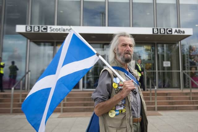 Protester Gordon Hadley (80) outside the BBC offices.
 Picture: John Devlin