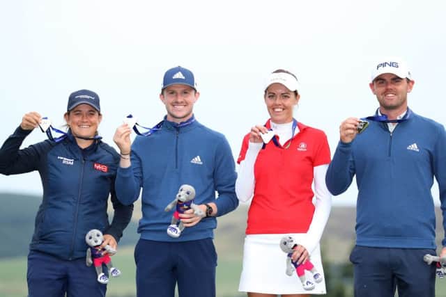 Michele Thomson, Connor Syme, Meghan Maclaren and Liam Johnston with their silver medals after the mixed foursomes stroke play event at the European Championships at Gleneagles. Picture: Warren Little/Getty Images