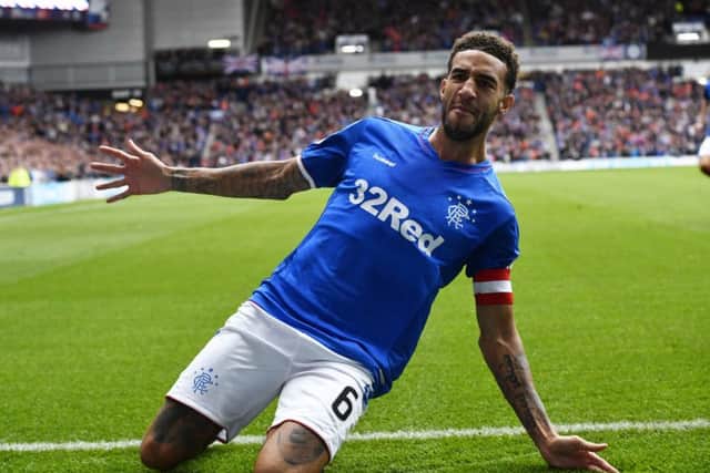 Captain for the day Connor Goldson celebrates putting Rangers 2-0 up. Picture: SNS