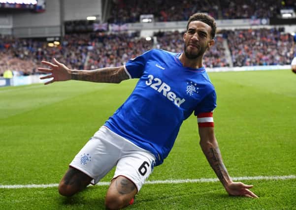 Captain for the day Connor Goldson celebrates putting Rangers 2-0 up. Picture: SNS