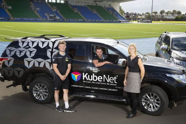 George Horne, Adam Hastings and KubeNet director Julie Inglis help launch a new sponsorship deal with Glasgow Warriors. Picture: SNS/SRU