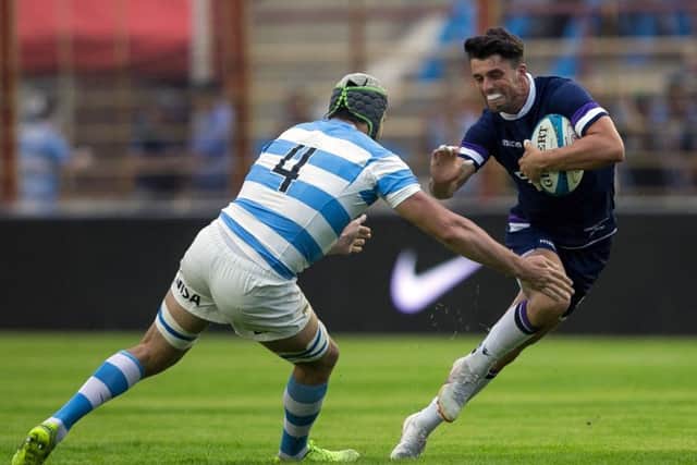 Scotland's Adam Hastings makes a break during the tour win over Argentina. Picture: AFP/Getty Images