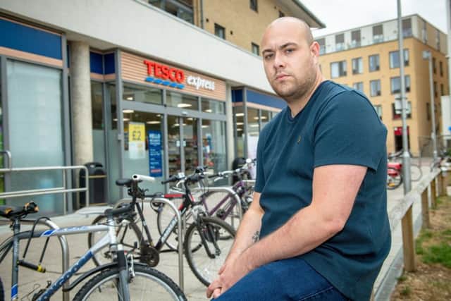 Matthew Brackley, age 27, outside the Tesco in Cambridge where he had an altercation with the security guard. Picture: SWNS