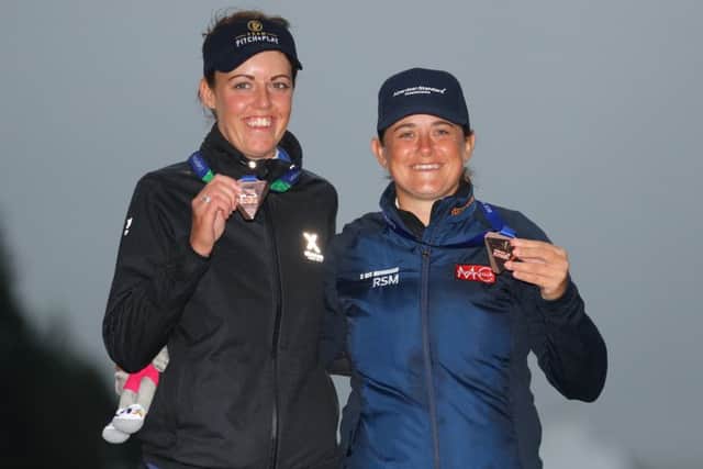 Great Britain pair Meghan Maclaren and Michele Thomson pose with their bronze medals at Gleneagles. Picture: Warren Little/Getty Images