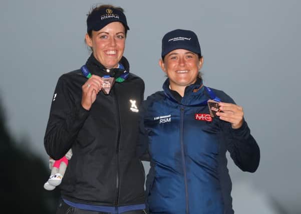 Great Britain pair Meghan Maclaren and Michele Thomson pose with their bronze medals at Gleneagles. Picture: Warren Little/Getty Images